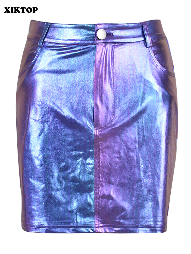 Skirts XIKTOP Shiny Leather Skirt Women Sexy High Waist Streetwear Fashion Pockets Y2K All-Matching Party Club Hip Skirts 230417