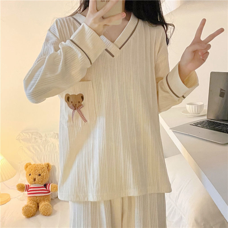 Women's Sleepwear Korean style Women Pajama Sets Spring Autumn Long Sleeve Bear Print Nightwear Loose Elegant Pyjamas Female Leisure 2-piece 2304
