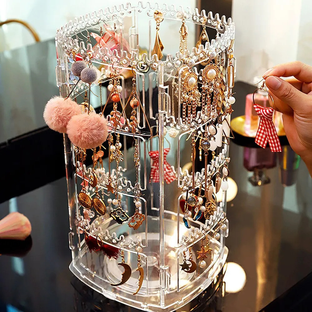 Jewelry Boxes 360 Degree Rotating Storage Box 2023 Earring Display Stand Plastic Organizer Holder Showcase Makeup Case 231117