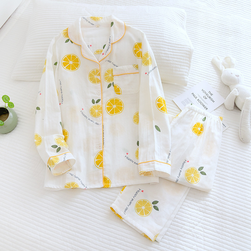 Women's Sleepwear M-XXXL Size spring summer pajamas two-piece ladies 100% cotton gauze long-sleeved trousers simple flowers loose home service se
