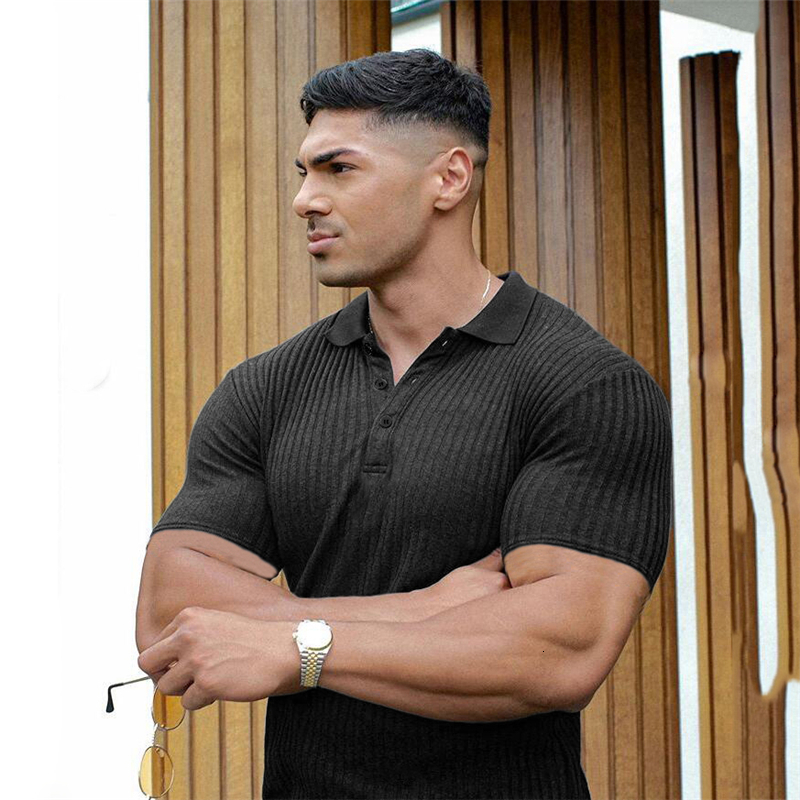 Men's Polos Gym Polo Shirt Men Fashion Turn Neck Short Sleeve Knitted Polos Sports Slim Fit Fitness Bodybuilding Workout Summer Clothing 230418