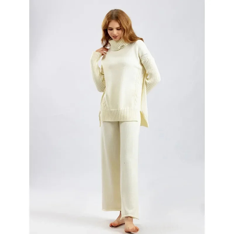 Womens Two Piece Pants Sweater set womens track suit autumn and winter knit 2piece warm turtle neck sweater pulled wide leg pants 231118wtt