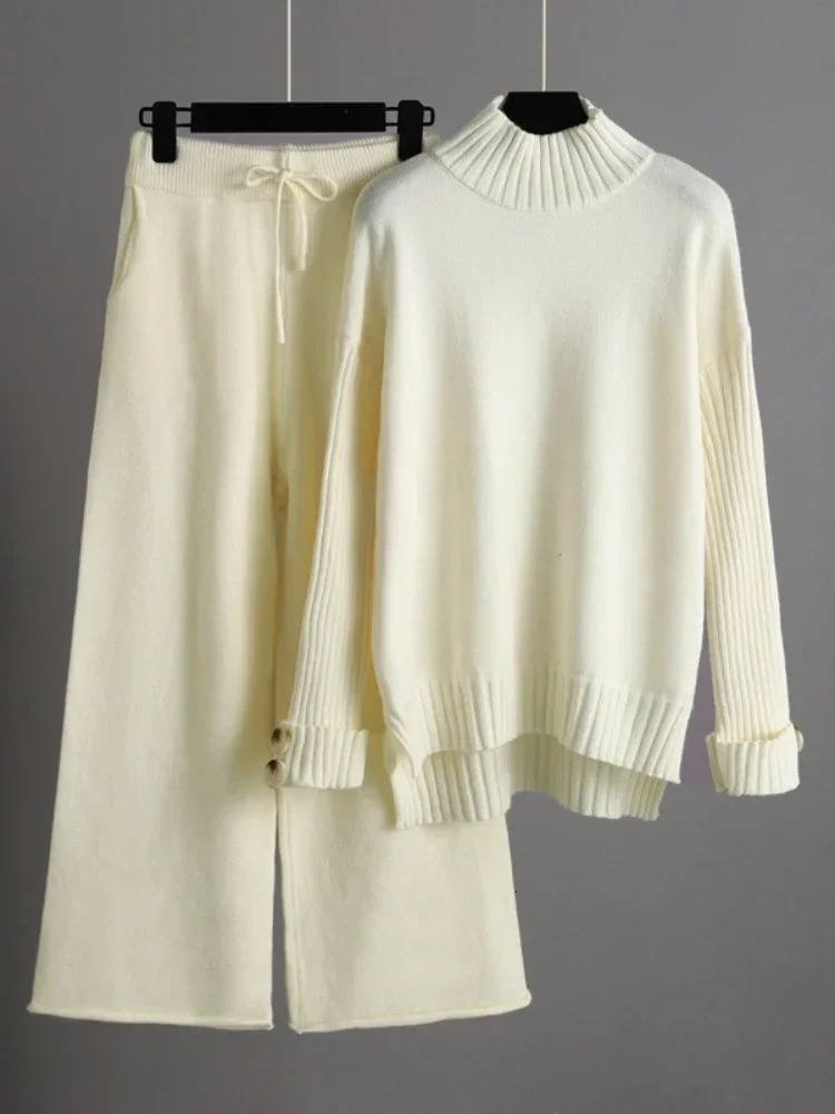 Womens Two Piece Pants Korean fashion twopiece womens clothing 2024 autumn and winter knitted woolen pants set loose 231118wtt