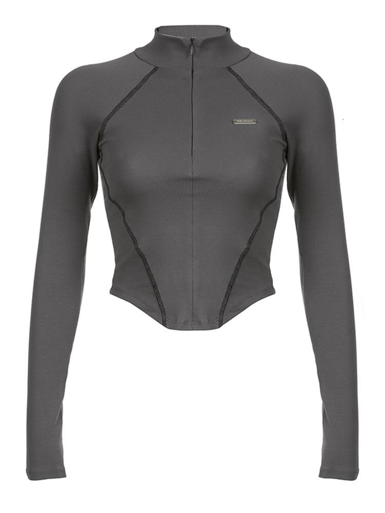 Women's T-Shirt Weekeep Casual Zip Up Turtleneck Crop Top Stitched Long Sleeve Skinny T-shirts y2k Aesthetic Streetwear Harajuku Women Clothing 2