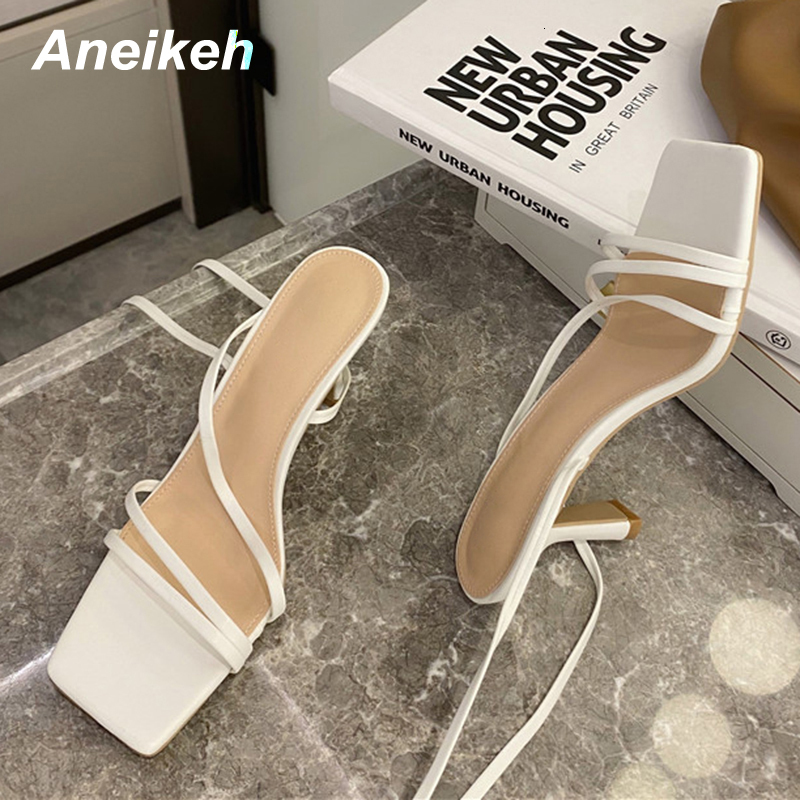 Sandals Aneikeh Shoes PU Sandals Women Summer Peep Toe Open Party Cross-Tied Gladiator Lace-Up Back Strap Fashion Solid Elegant 230418