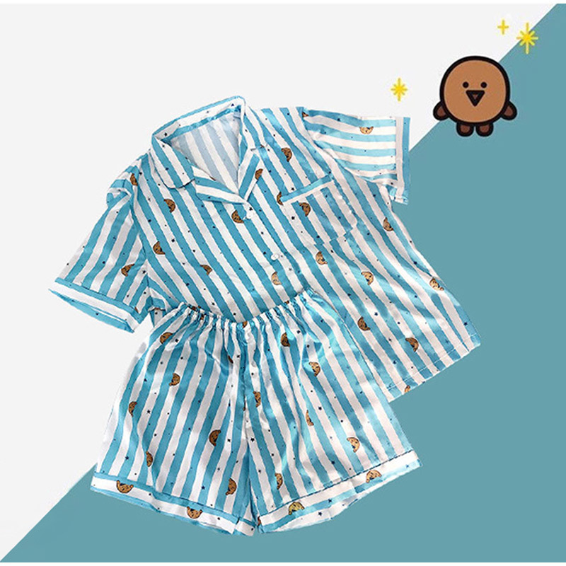 Women's Sleepwear Stripe Women Pajamas Set Single Breasted Short Sleeve Ladies Homewear Suits with Shorts Elastic Waist Summer Cartoon Sleepwear 