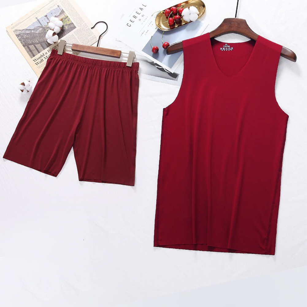 Men's Sleepwear Summer Men Ice Silk Tank Tops boxer Short Sleepwear Set Man Sleeveless Vest V-Neck T-shirts Soft Smooth Pajamas Silky Underwear 2