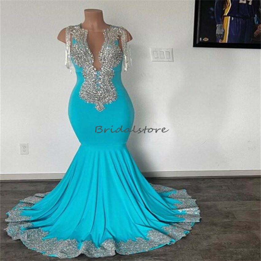 Luxury Black Girls Rhinestone Prom Dress With Tassel Elegant Mermaid Blue Plus Size Evening Gowns Open Back Beaded Formal Party Aso Ebi African Gradua