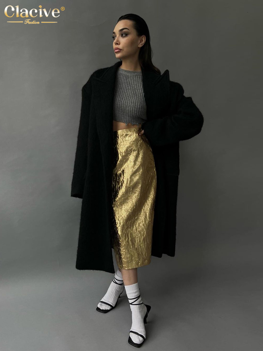 Skirts Clacive Fashion Slim Gold Women'S Skirt Elegant Chic High Waist Midi Skirts Streetwear Vintage Faldas Skirt Female Clothing 230503