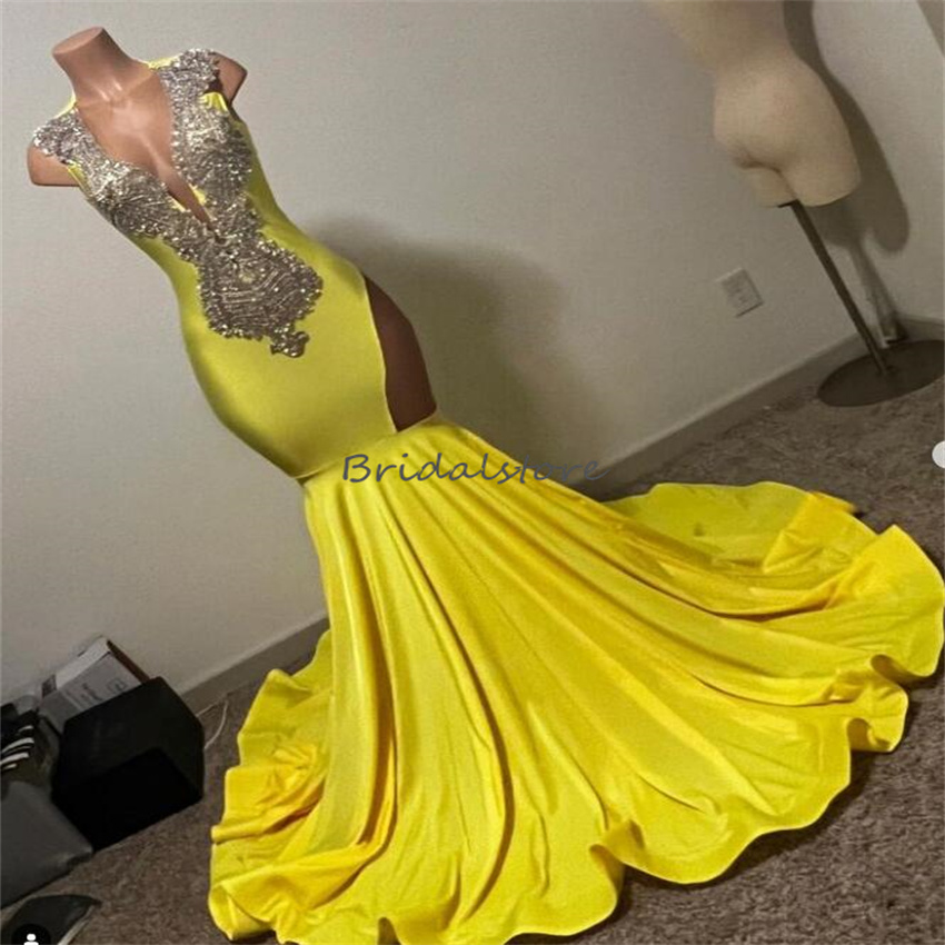 Yellow Black Girls Prom Dress 2023 Plus Size Mermaid Aso Ebi Evening Party Dresses Elegant Birthday Formal Occasion Women Wear Robe De Soiree Beaded C