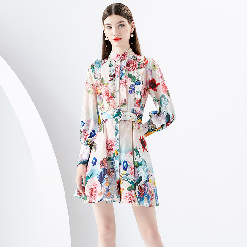 A Line Casual Dresses Clothing New Runway Holiday Flower Mini Dress New Womens Stand Collar Long Lantern Sleeve Floral Print Belt Sweet Vestidos