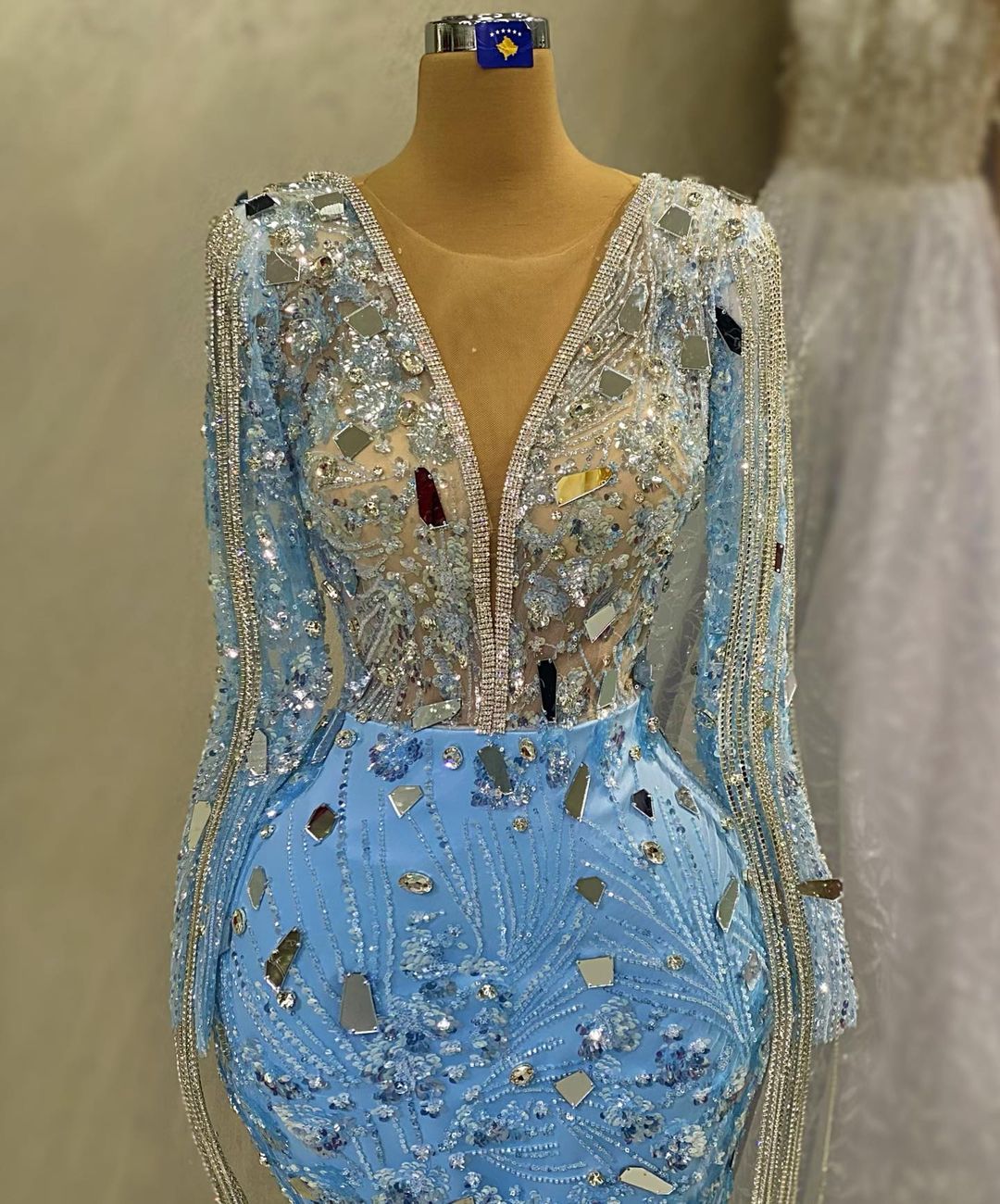 Shiny Sky Blue Mermaid Prom Dresses Beading V Neck Party Dresses Crystals Lace Custom Made Evening Dress