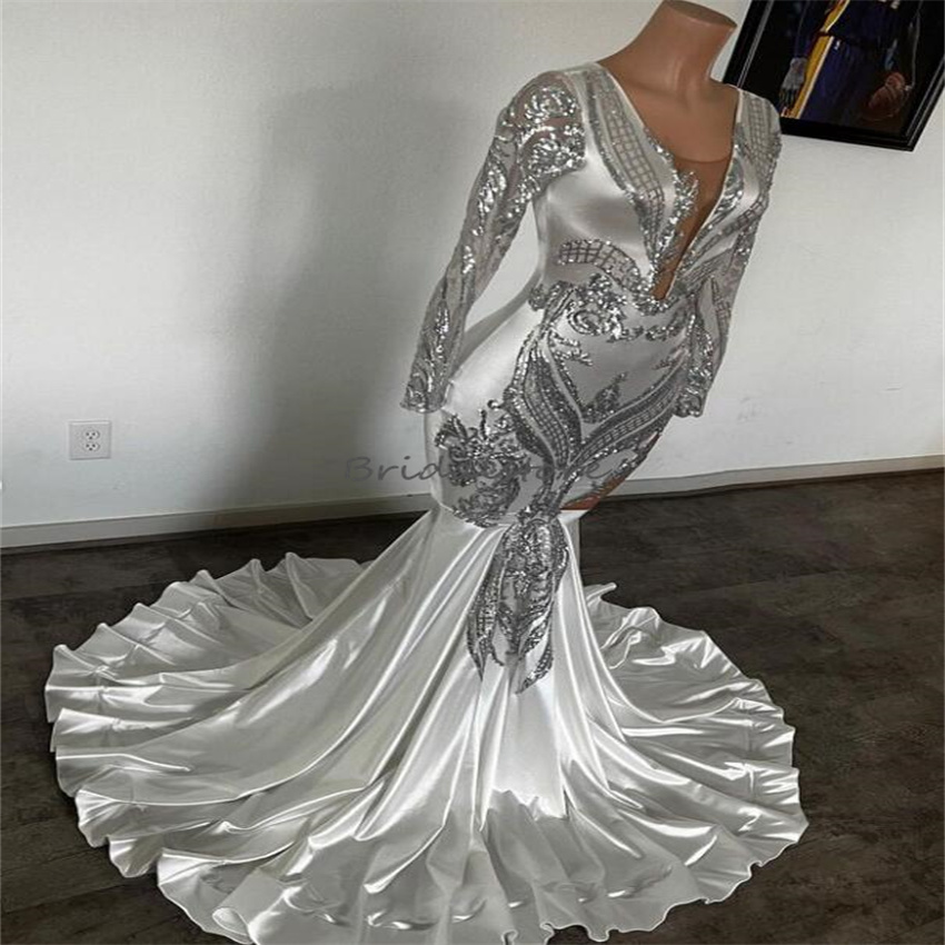 Beautiful Silver Sequin Prom Dress For Black Girl Chic Long Sleeve Mermaid Evening Dresses For 16 Birthday Formal Party Occasion Graduations 2023 vest