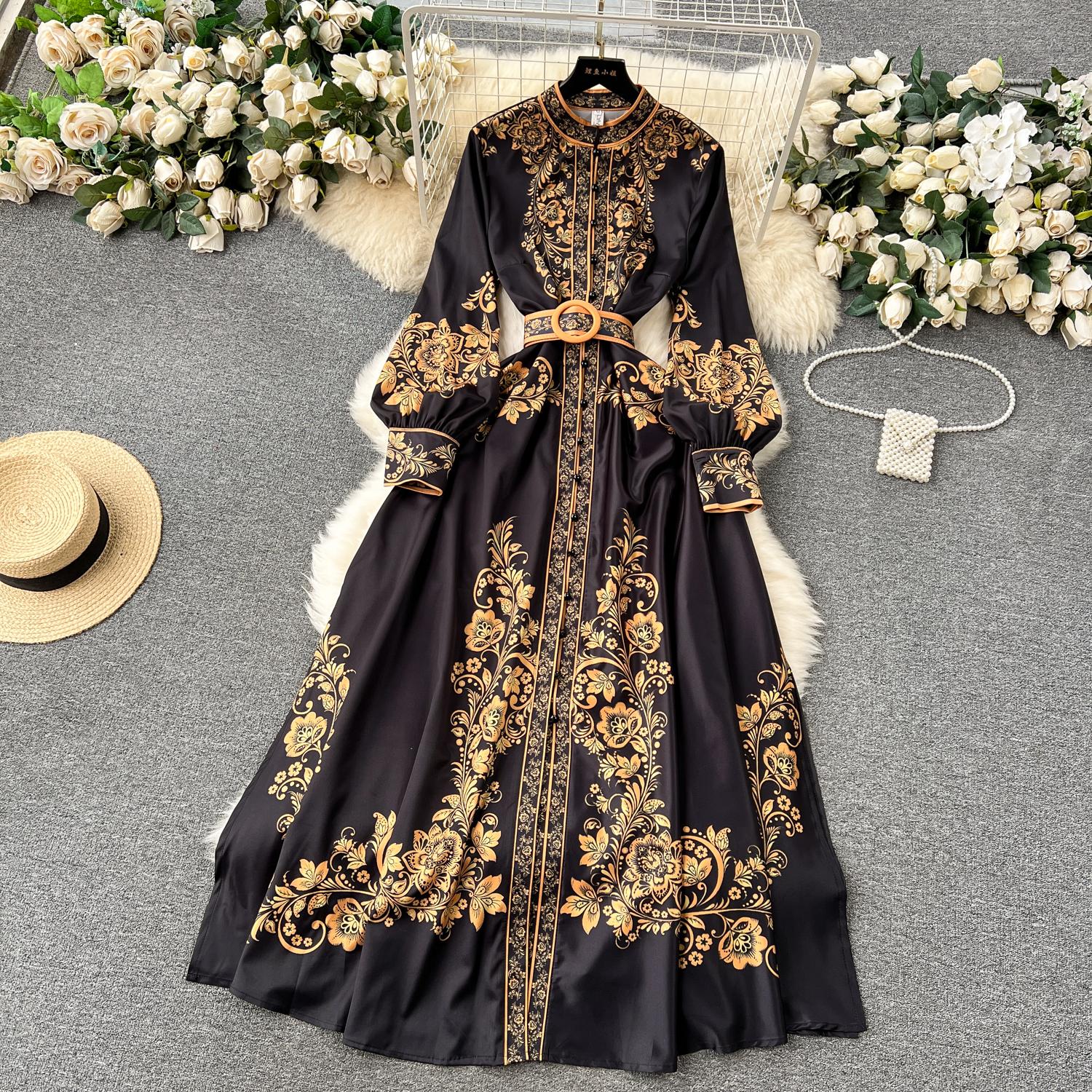 Dresses New Fashion Runway Red And White Porcelain Dress Women's Stand Long Lantern Sleeve Blue Ral Print Shirt Robe Vestidos
