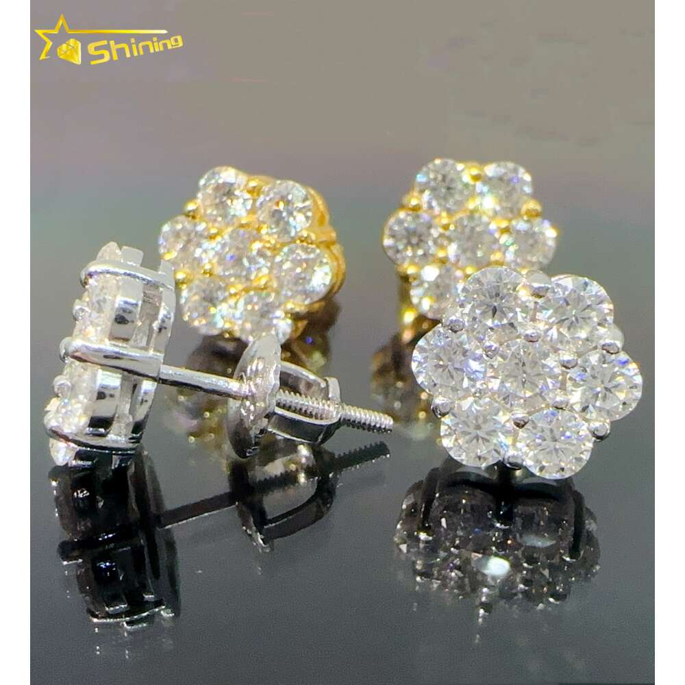 Iced out cluster lab dia screw back sier flower vvs moissanite stud earrings for men women