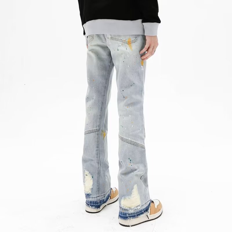 Mens Jeans Fashion Splash Ink Graffiti Vintage Baggy Men Flare Pants Elegant Washed Blue Hip Hop Denim Trousers Ropa Hombre 230419