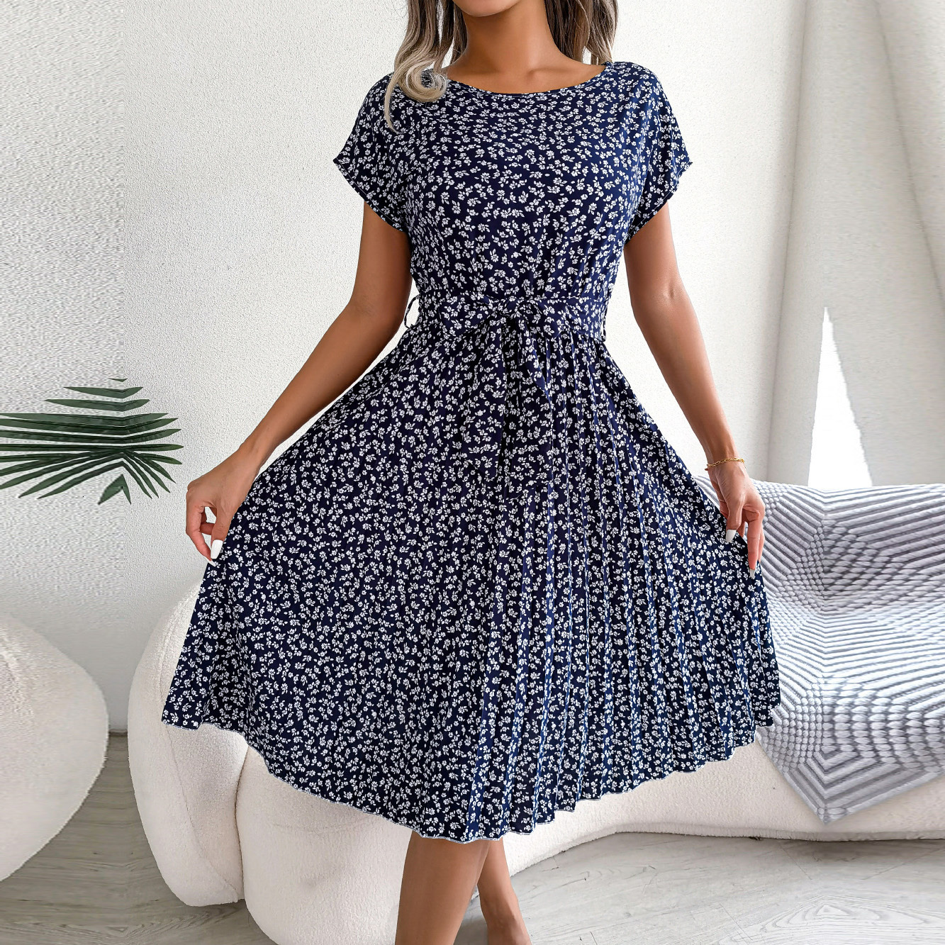 Casual Dresses F Fashion Floral Pleated A Line Long Dress Women Spring Summer Short Sleeve High Waist Chic Dress 230419