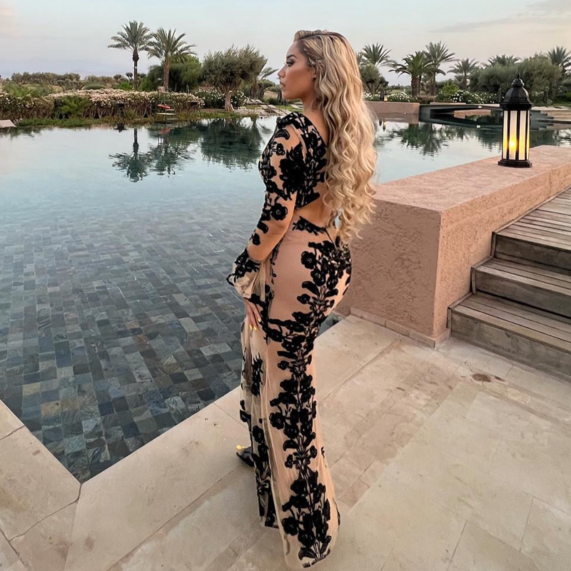 Black Lace Plus Size V-Neck Long Sleeves Mermaid Prom Evening Dress for African Women Beaded Sequined Formal Gown Birthday Pageant Dresses