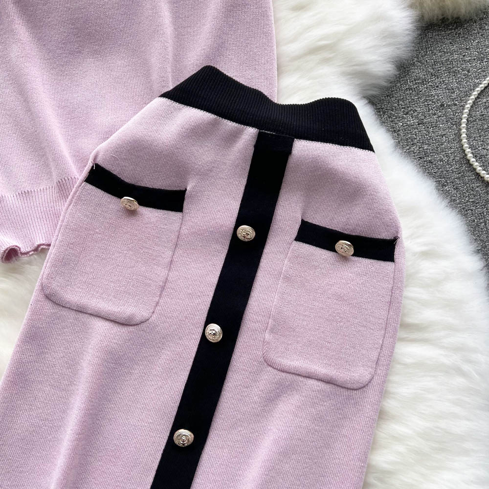 Two Piece Dress Gentle Knitted Summer Women Sets O Neck Tops+ Elastic Waist Button Fashion French Style Elegant Two Piece Set 2024