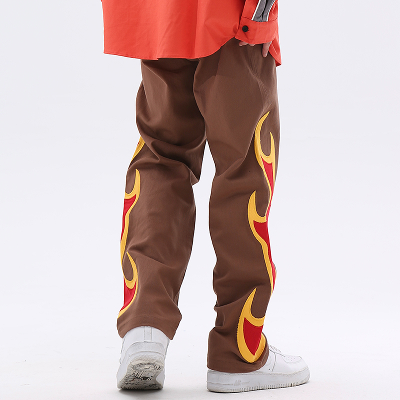 Mens Pants Harajuku Both Side Flame Embroidery Straight Casual Mens Cargos Streetwear Retro Pockets Patchwork Loose Trousers Oversized 230419