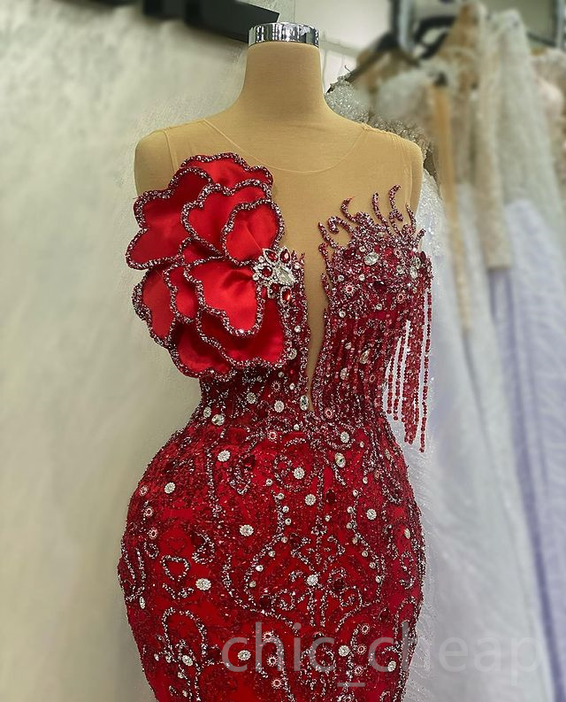 2023 Aso Ebi Mermaid Red Prom Dress Beaded Crystals Sexy Evening Formal Party Second Reception Birthday Engagement Gowns Dresses Robe De Soiree ZJ5816