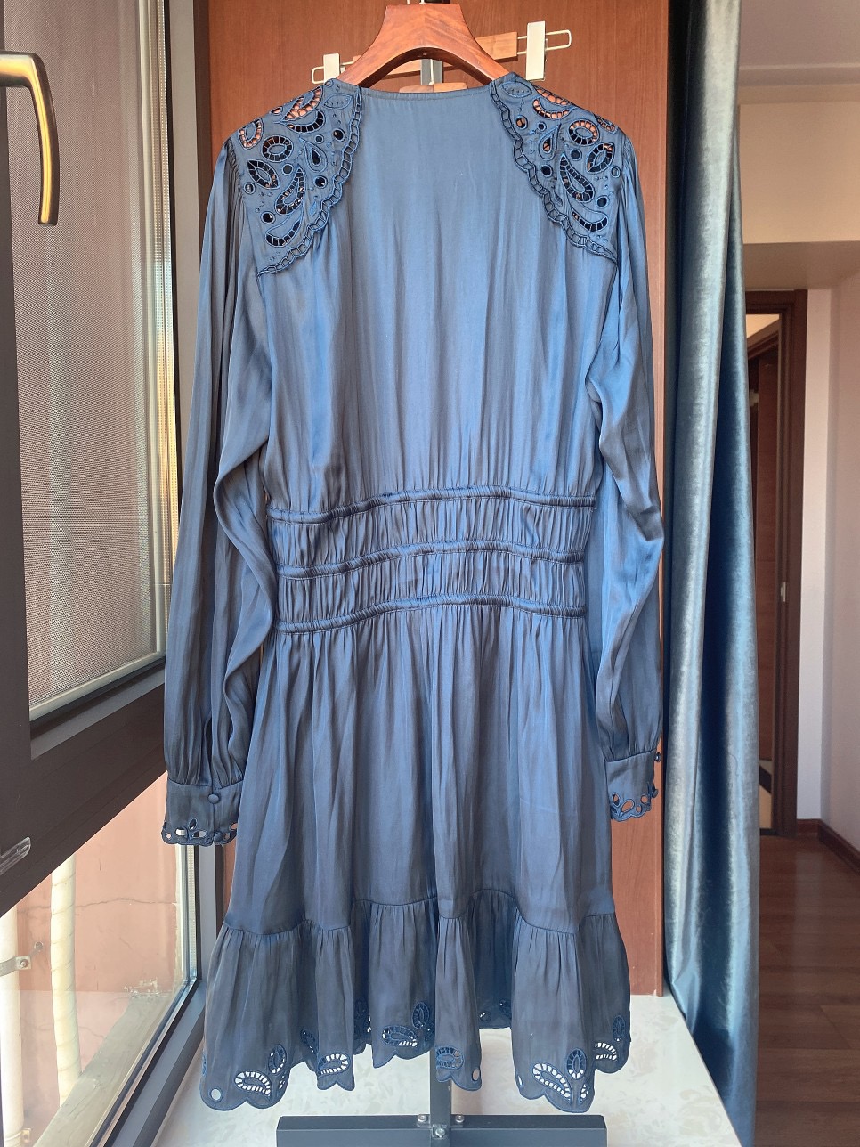 Casual Dresses Maje Round Neck Hollowed out Dress Long Sleeves Blue Short Dress for Women