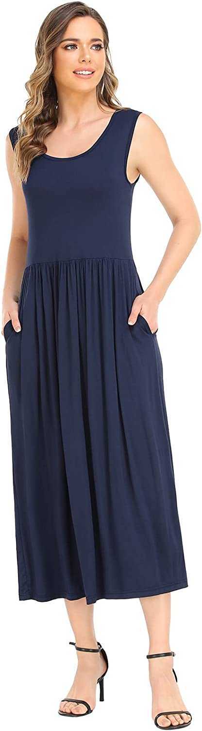 Women's Summer Beach Casual Maxi Dress Sleeveless Tank T Shirt Pleated Swing Dress with Pockets