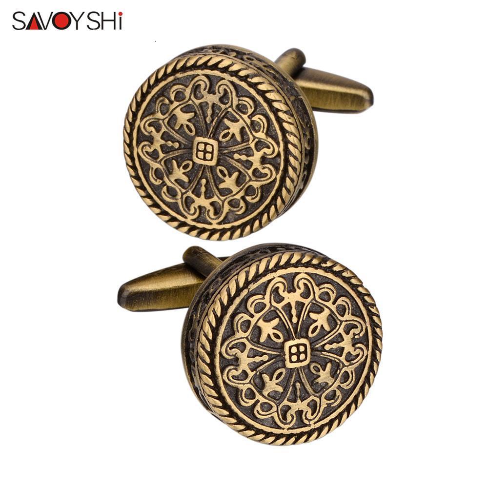 Cuff Links SAVOYSHI High Quality Shirt Cufflinks for Men Round Bronze Vintage Pattern Metal Cuff links Gift Free Enagraving Name 230419