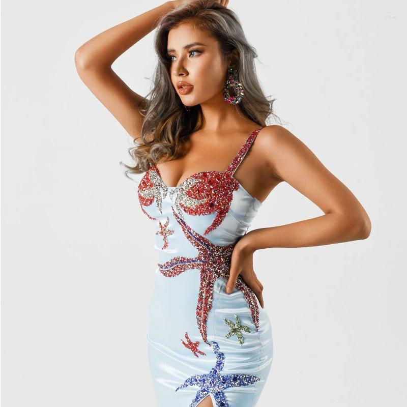 Casual Dresses High Waist Starfish Beads Satin Slip Dress Sexy Drill Diamonds Strapless Quality Maxi Celebrity Party ClubWear