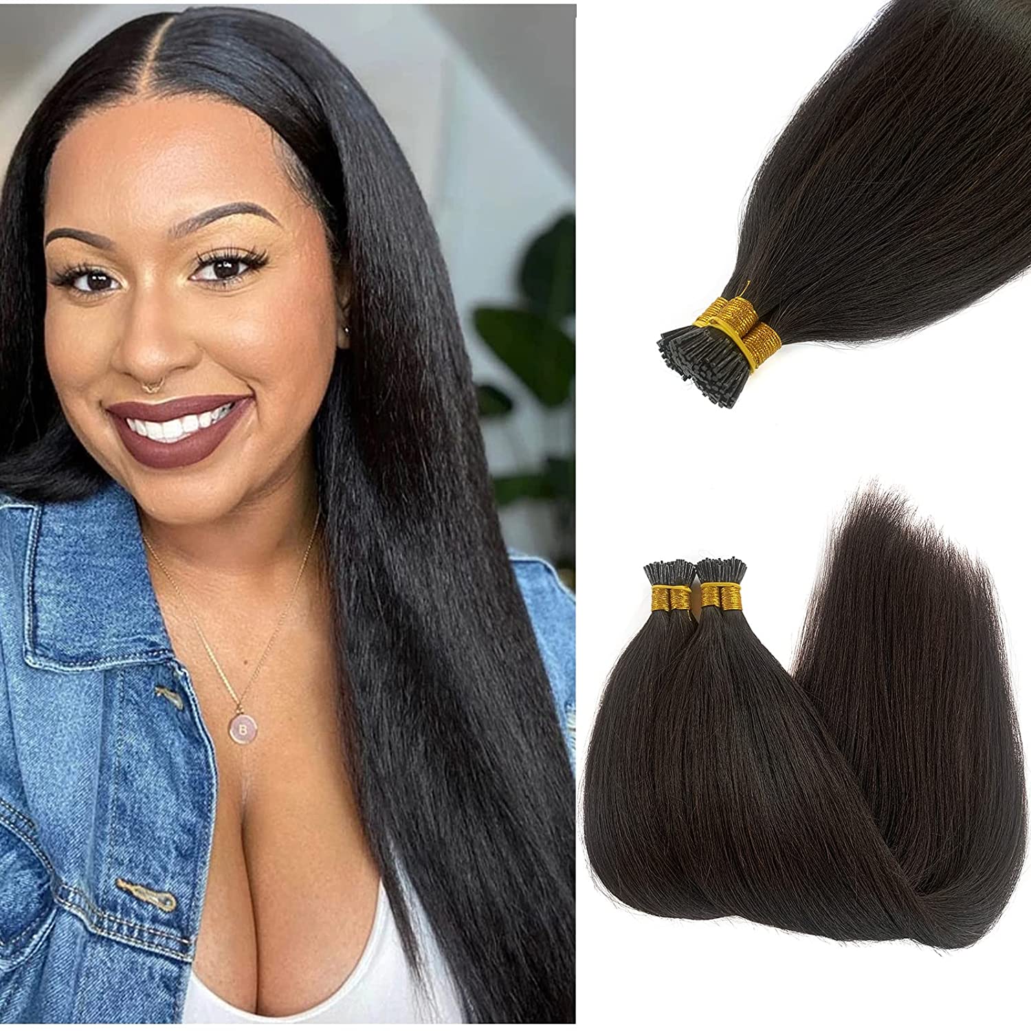 Yaki I Tip Hair Extension Remy Human Hair Kinky Straight Keratin Microlinks Itip hair Extensions 100g