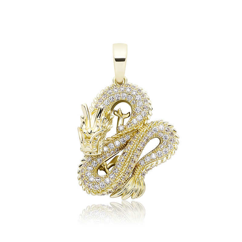 Wolf Tide Jewelry Chinese Style True Dragon Pendant Necklace Full Cubic Zirconia Animal Iced Out Real Gold Electroplated Personalized Hip Hop Necklace
