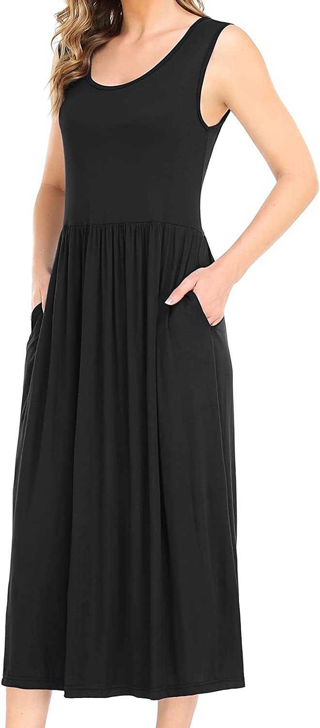 Women's Summer Beach Casual Maxi Dress Sleeveless Tank T Shirt Pleated Swing Dress with Pockets