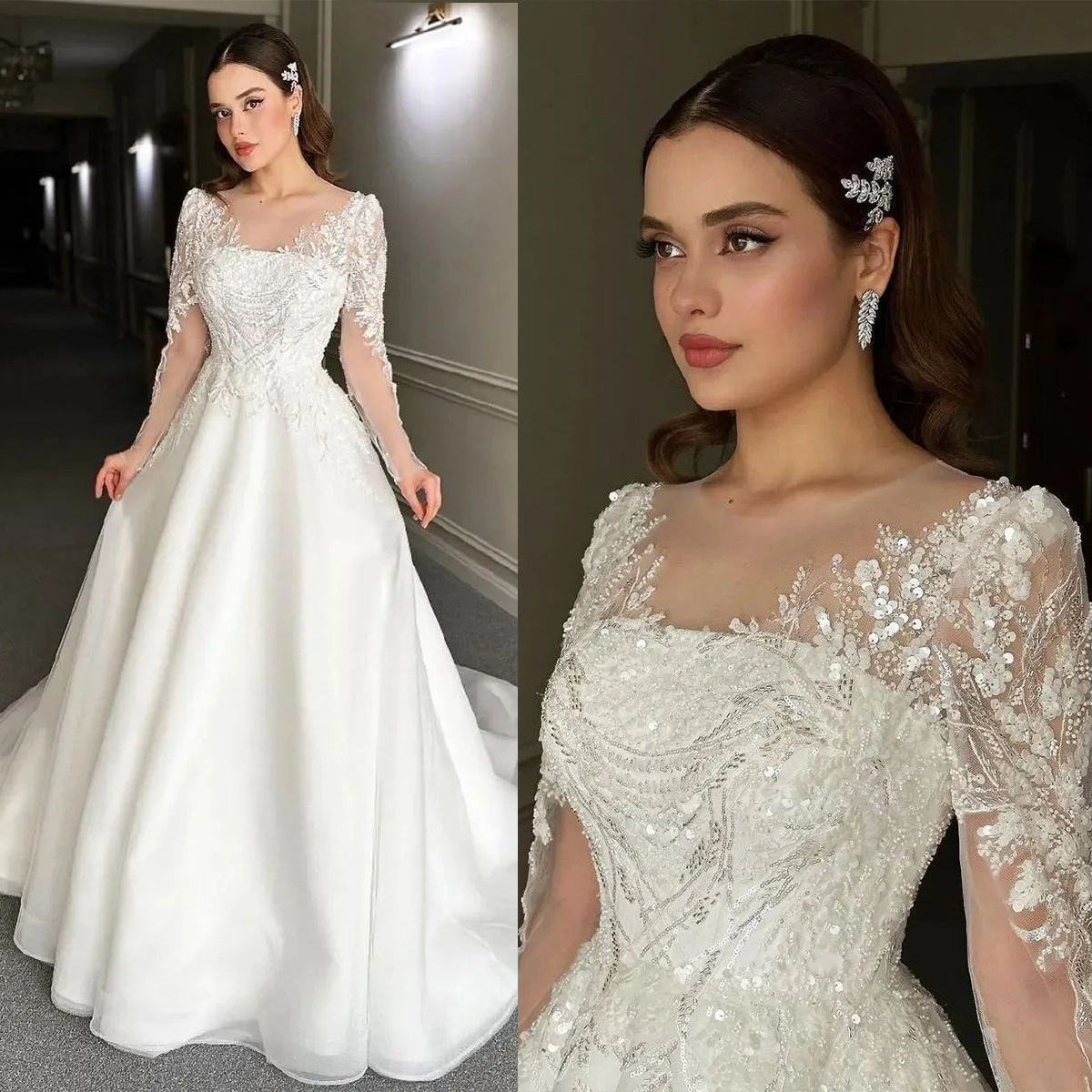 Gorgeous A Line Wedding Dresses Lace Long Sleeves Applicant Sequins Layer Up Tulle Court Gown Custom Made Zipper Plus Size Bridal Dress Vestidos De No