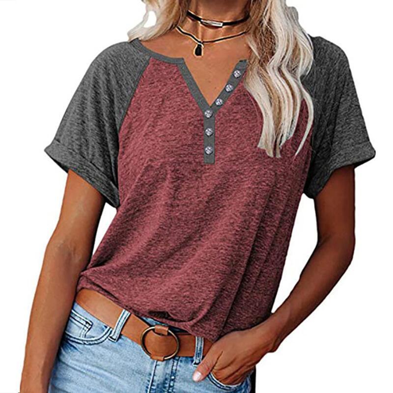 Womens TShirt Women Summer Fashion VNeck Stitching Top Short Sleeve Patchwork Color Button Casual Loose Comfortable Daily Tops 230419