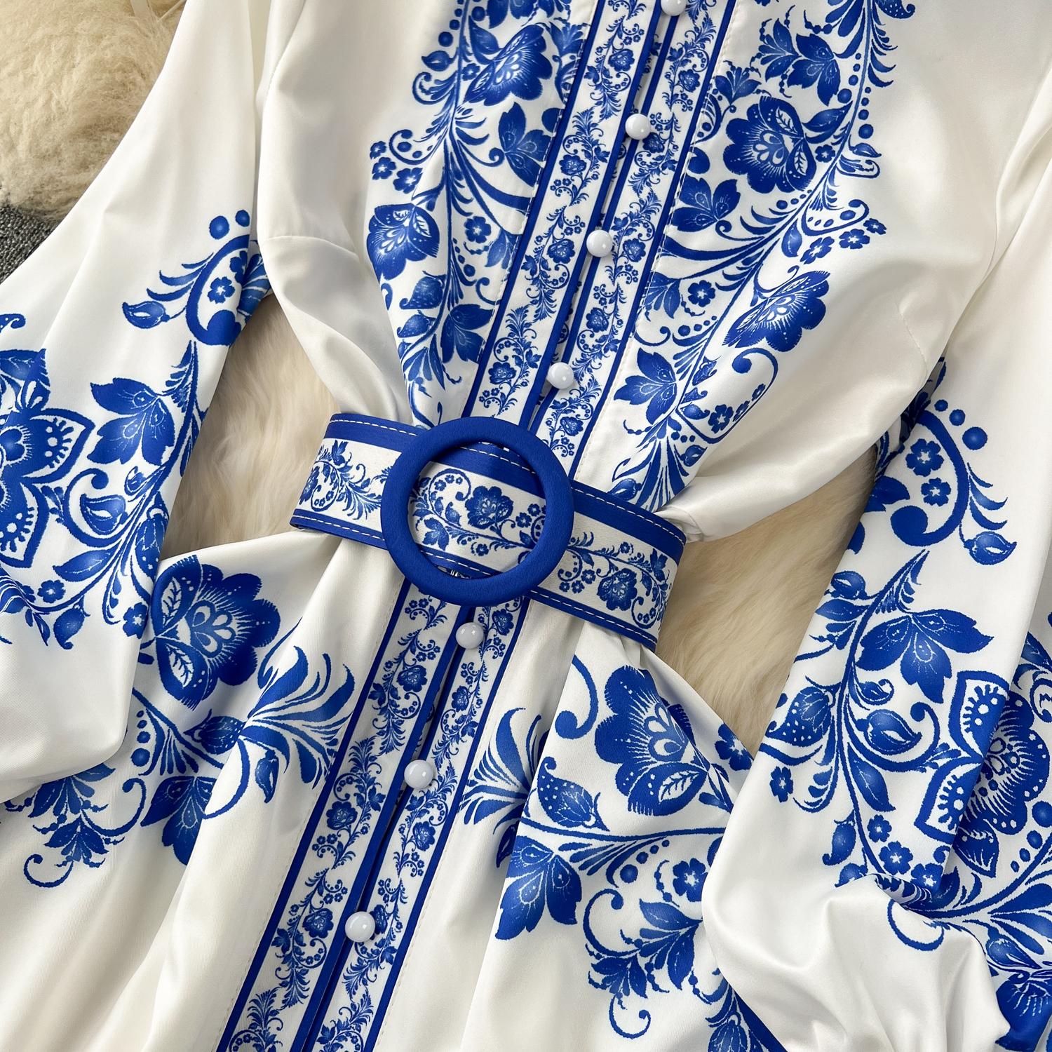 Dresses New Fashion Runway Red And White Porcelain Dress Women's Stand Long Lantern Sleeve Blue Ral Print Shirt Robe Vestidos