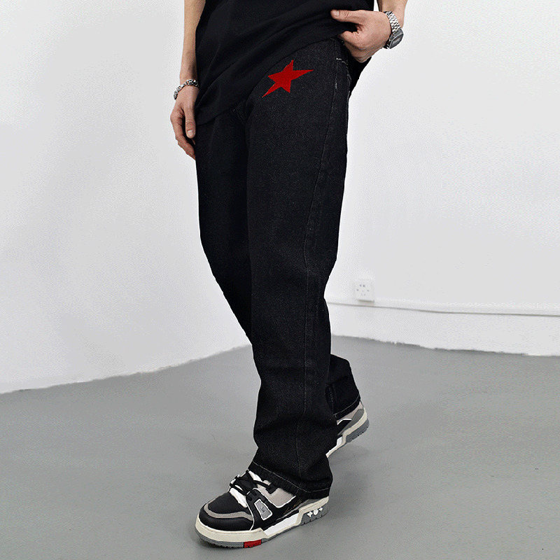 Mens Jeans Spring Retro Ripped Stars Letter Embroidery Black Casual Straight Pockets Washed Streetwear Denim Trousers 230419