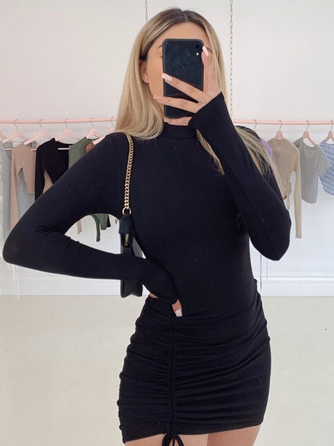 Casual Dresses Long Sleeve Ruched Bodycon Dress Women Turtleneck Bandage Mini Dresses Autumn Black Skinny Stretchy Party Vestidos 230419