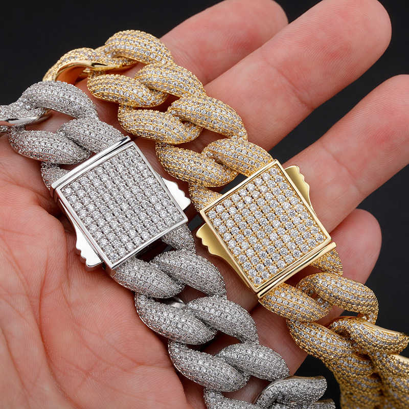 18mm Mens Hip Hop Cuban Link Chain Bracelet Spring Buckle Full Iced Out Cubic Zircon Curb Chains For Men 14K Real Gold Persoalized Party Wolf Tide Jew