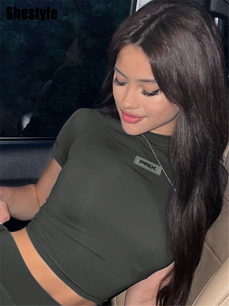 Womens TShirt Shestyle Short Sleeve Letter Mini Crop Tops Women Streetwear Tight Sjinny ONeck Artificial Artistic Casual Tees 230419