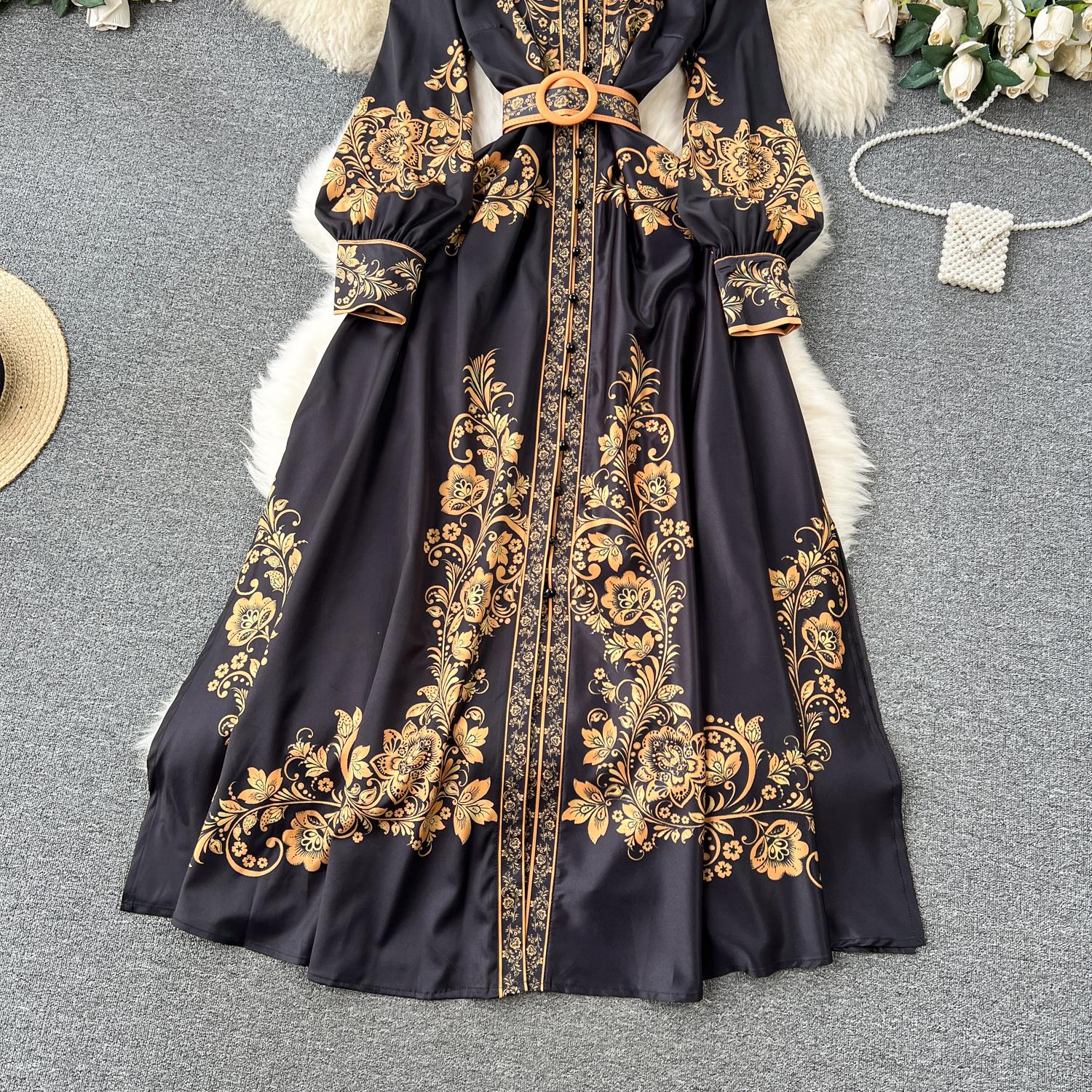 Dresses New Fashion Runway Red And White Porcelain Dress Women's Stand Long Lantern Sleeve Blue Ral Print Shirt Robe Vestidos