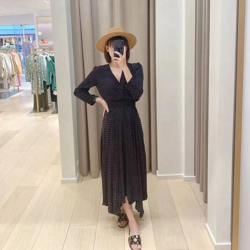 Casual Dresses Maje French Style Long Dress Polka Dot Long Sleeves Dress V-neck for Women