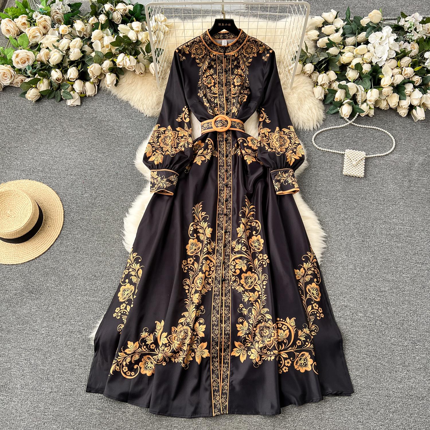 Dresses New Fashion Runway Red And White Porcelain Dress Women's Stand Long Lantern Sleeve Blue Ral Print Shirt Robe Vestidos
