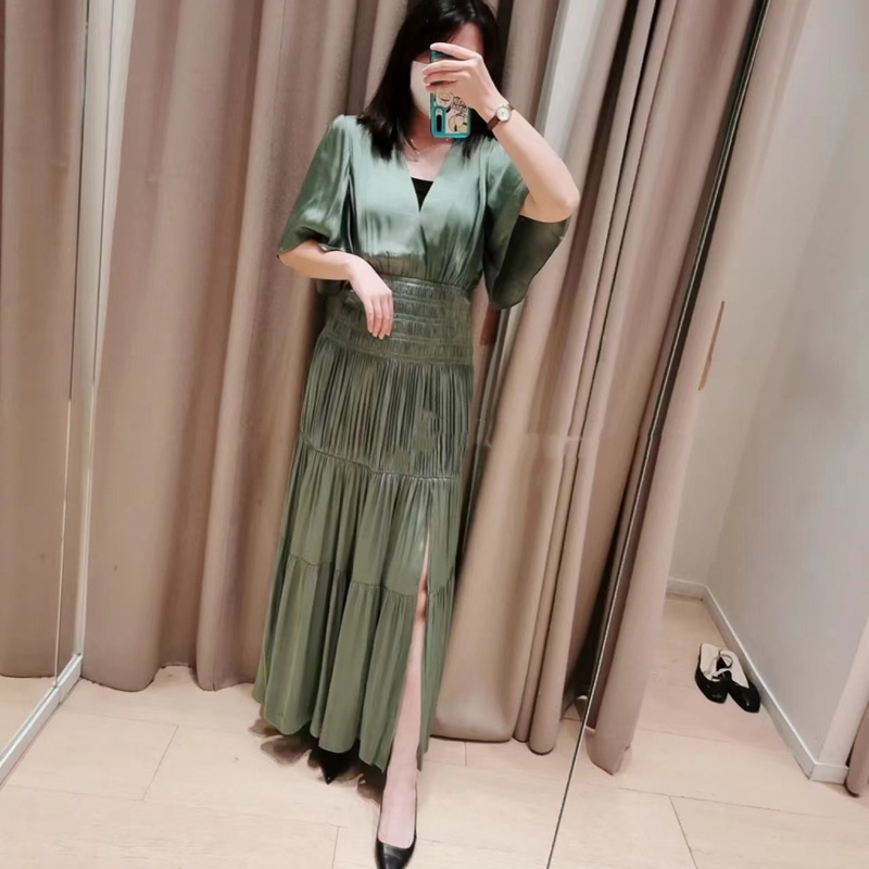 Casual Dresses Maje Long Dress Pleated Side Slit Dress V-neck for Women