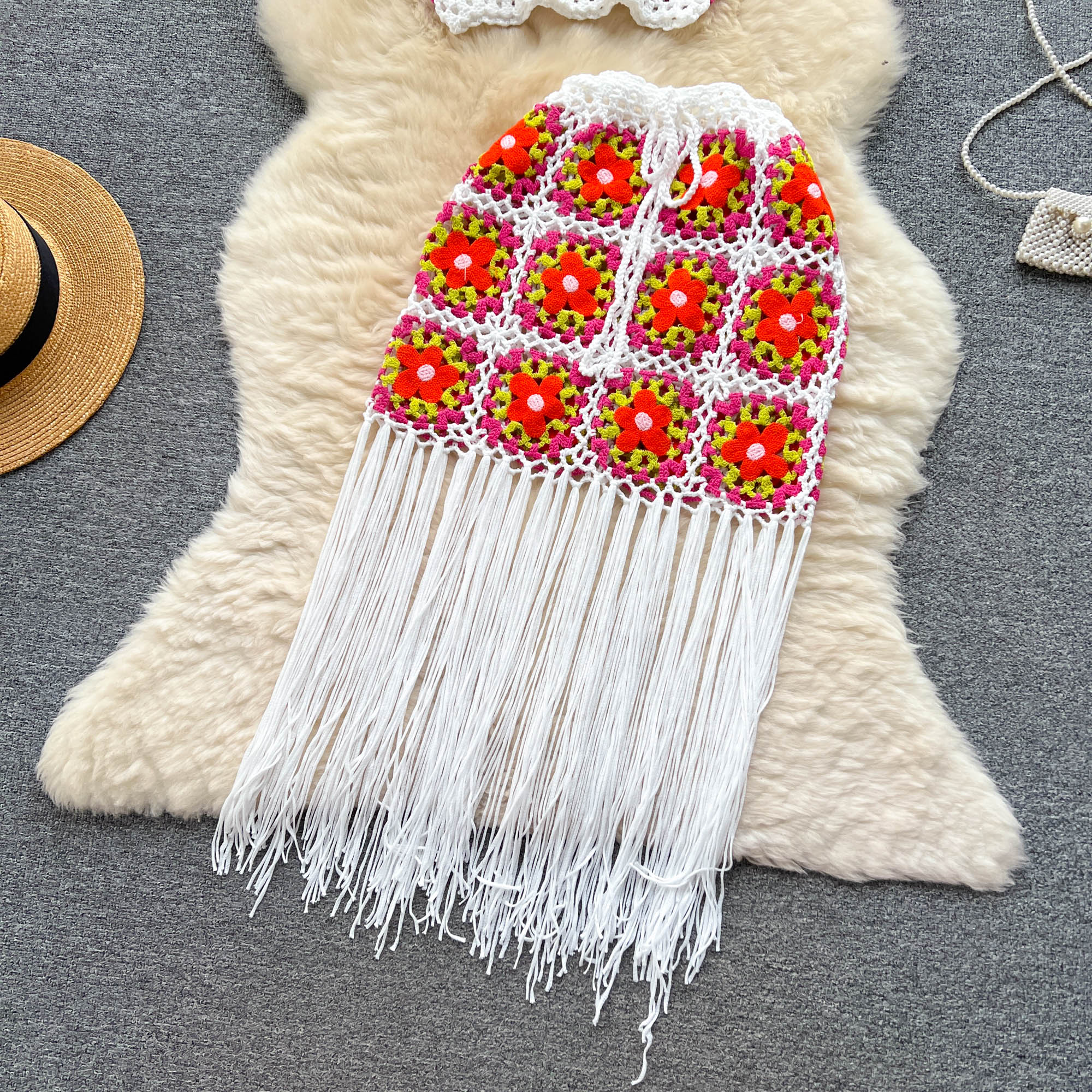 Two Piece Dress Hollow Out Bohemian Beach Sets Women Strap Floral Short Camisole+Sheer Long Skirt Knitted Vacation Two Pieces Suits 2024