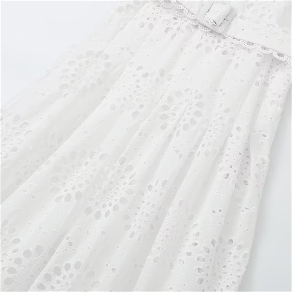 Casual Dresses Spring UNIZERA Women's Elegant Sleeveless Waist Decoration Belt Hollow Embroidery Midi 2292974 230419