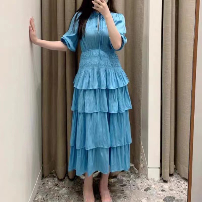 Casual Dresses Maje V-neck Short Sleeves Dress Ruffles Midi Satiny Dress for Women