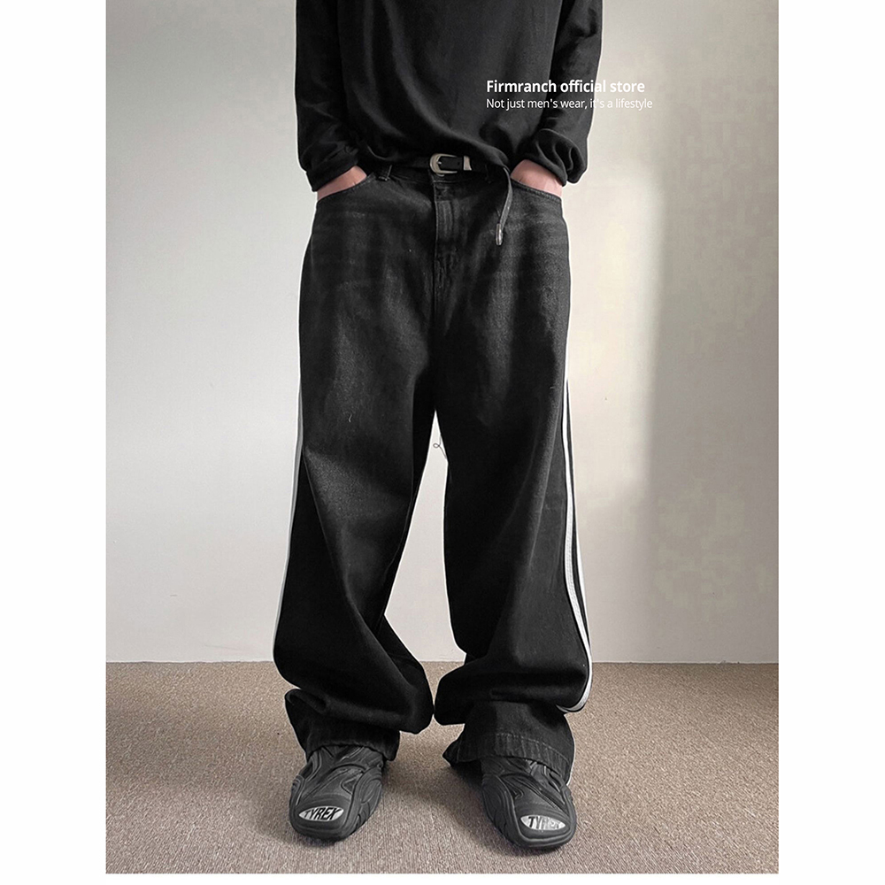 Men's Jeans Firmranch 2023 Black Baggy For Men Women 2 White Stich Mopping Flared Denim Pants Streetwear 230419