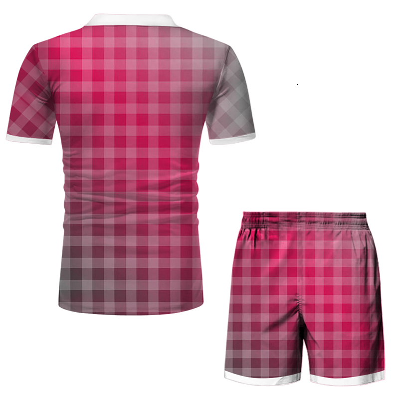 Mens Tracksuits Summer Plaid Print Zipper Polo Shirt Short Sleeve T Shorts 2piece Set Causal shorts Streetwear Men Casual Tracksuit 230418