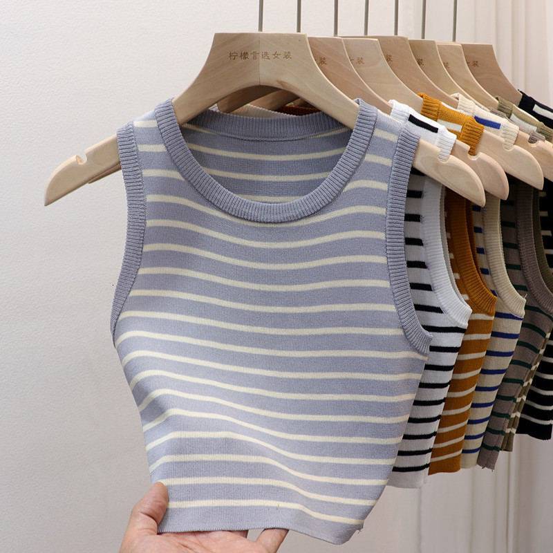 Women's Tanks Camis Striped Knitted Cropped Tank Tops Summer Women Round Collar Sleeveless Slim Stretch Knitwear Vests NFFS 28308 230419