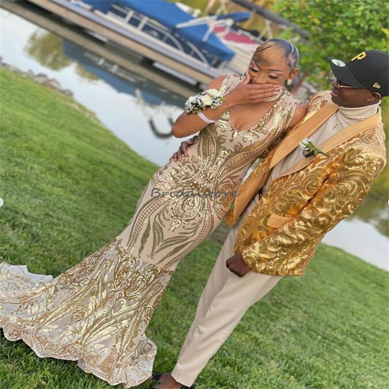 Sparkly Gold Sequin Prom Dress 2023 Sexy V Neck Mermaid Long Red Evening Gowns Elegant Formal Occasion Night Birthday Women Party Wear Luxury Vestidos